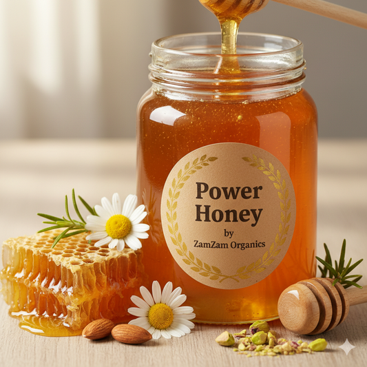 Jar of Power Honey by ZamZam Organics with honeycomb, flowers, and a wooden dipper on a light background.